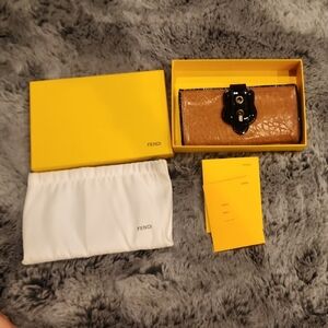 Fendi Brown Leather Wallet with Black Patent Trim and Gold Hardware